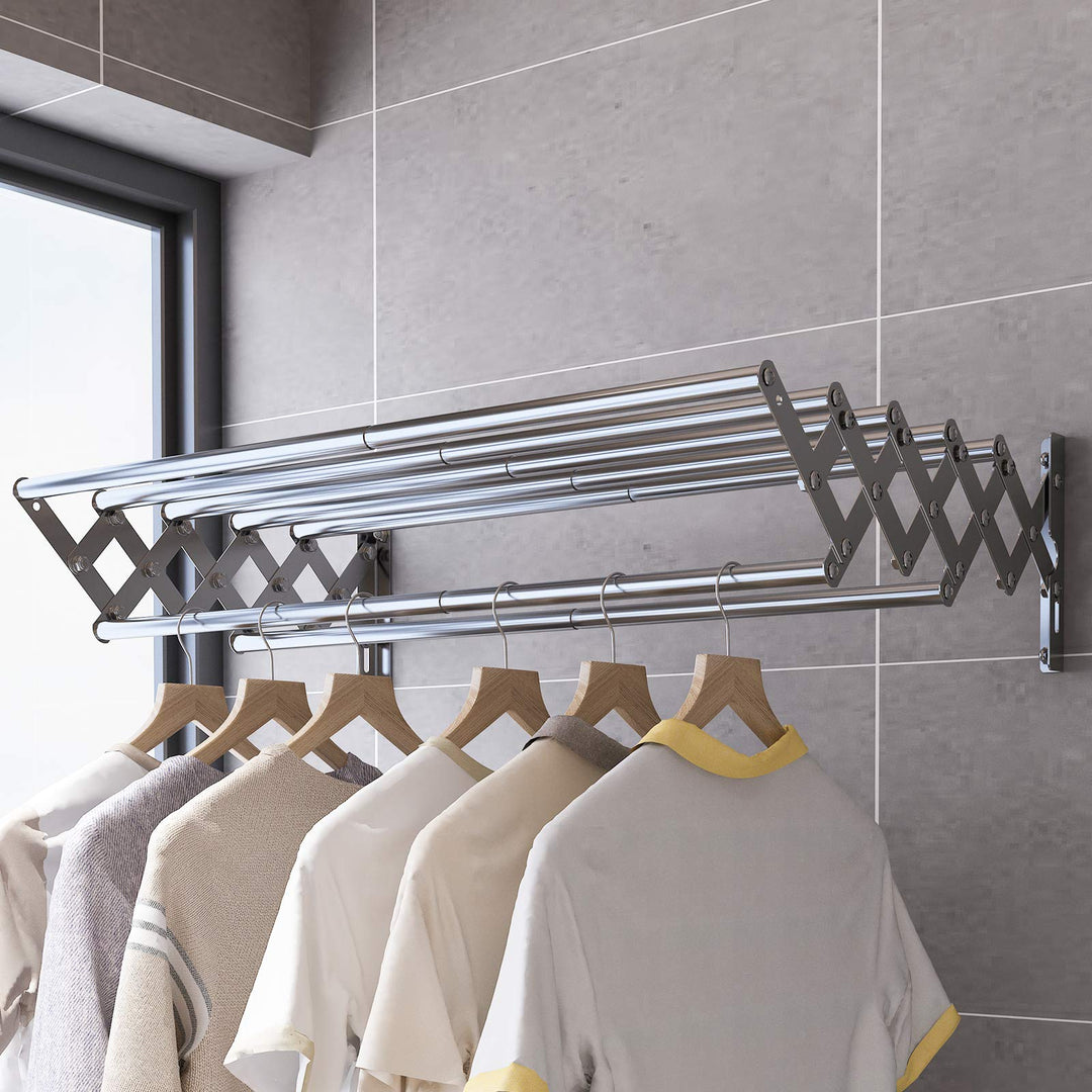 Wall Mounted Clothes Drying Rack, Accordion Retractable Drying Rack for Laundry Room/Bathroom Tower,Easy to Install 31.5-inch Rod, 60 lb Capacity- Indoor and Outdoor Use