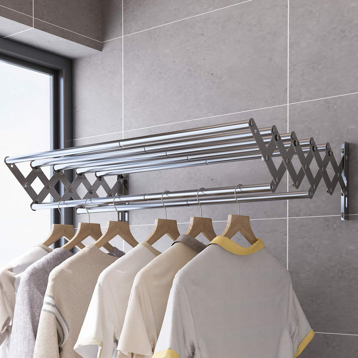 Wall Mounted Clothes Drying Rack, Accordion Retractable Drying Rack for Laundry Room/Bathroom Tower,Easy to Install 31.5-inch Rod, 60 lb Capacity- Indoor and Outdoor Use