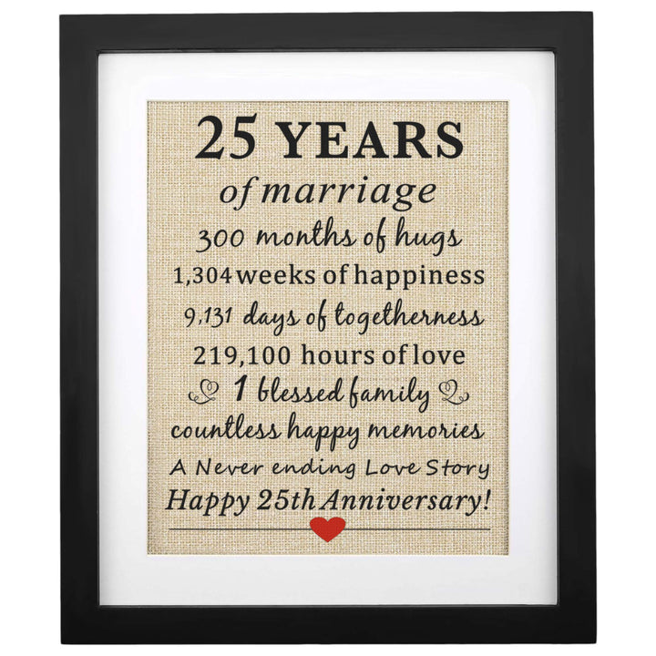 Framed 25th Wedding Anniversary Burlap Gift 11 W X 13 H, Happy 25th Anniversary for Wife Husband 25th Wedding Anniversary Decorations Gifts for Parents 25th Anniversary