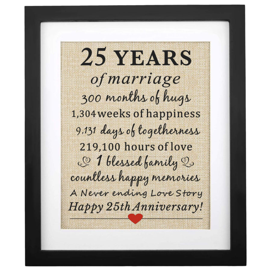 Framed 25th Wedding Anniversary Burlap Gift 11 W X 13 H, Happy 25th Anniversary for Wife Husband 25th Wedding Anniversary Decorations Gifts for Parents 25th Anniversary