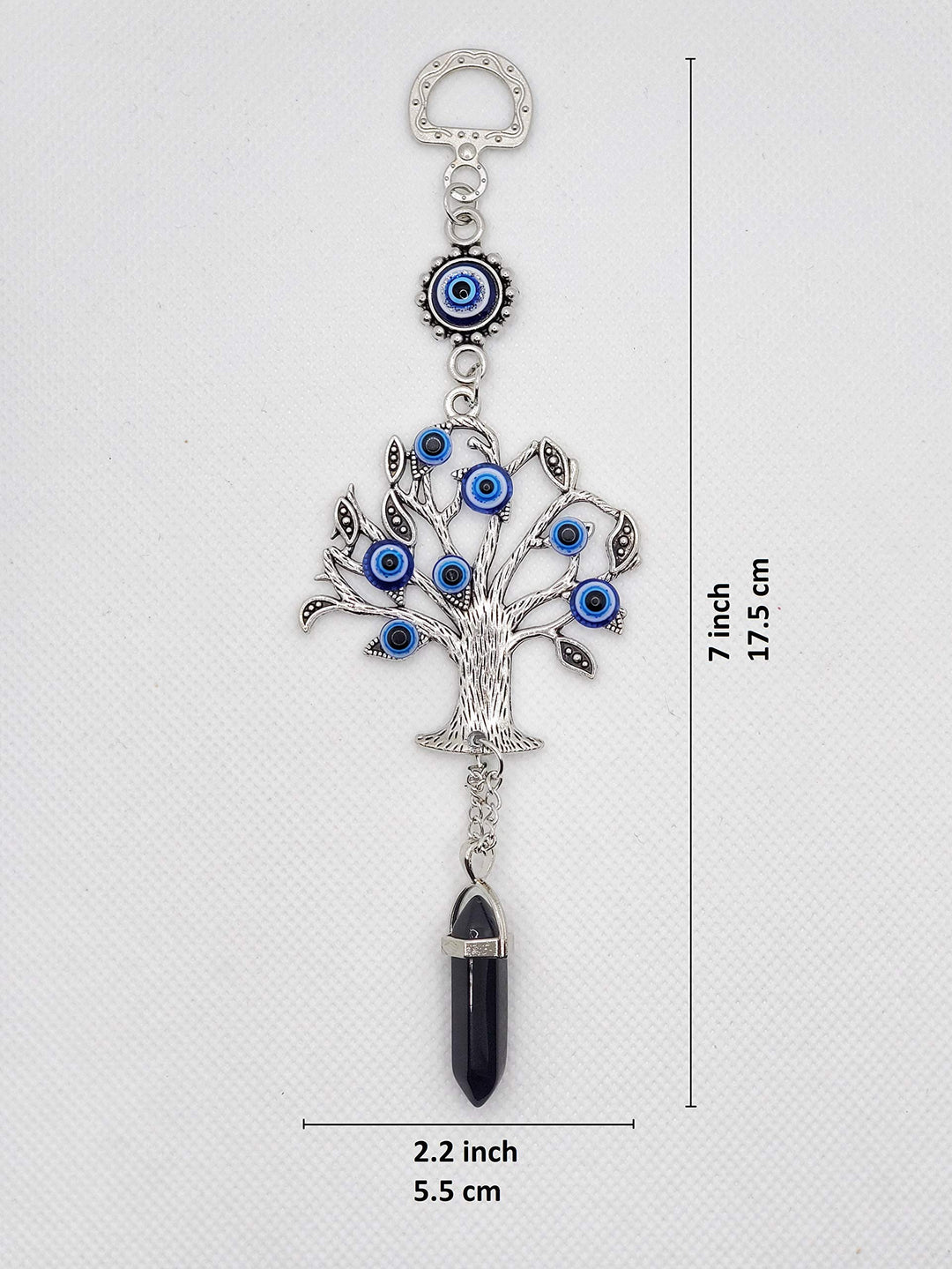 Silver Tree of Life Amulet w/Blue Evil Eye &amp; Crystal Gemstone - Charm for Growth, Strength, Protection, Home Hanging Decor, Car Rear View Mirror Accessories, 2.2x7, Black Stone