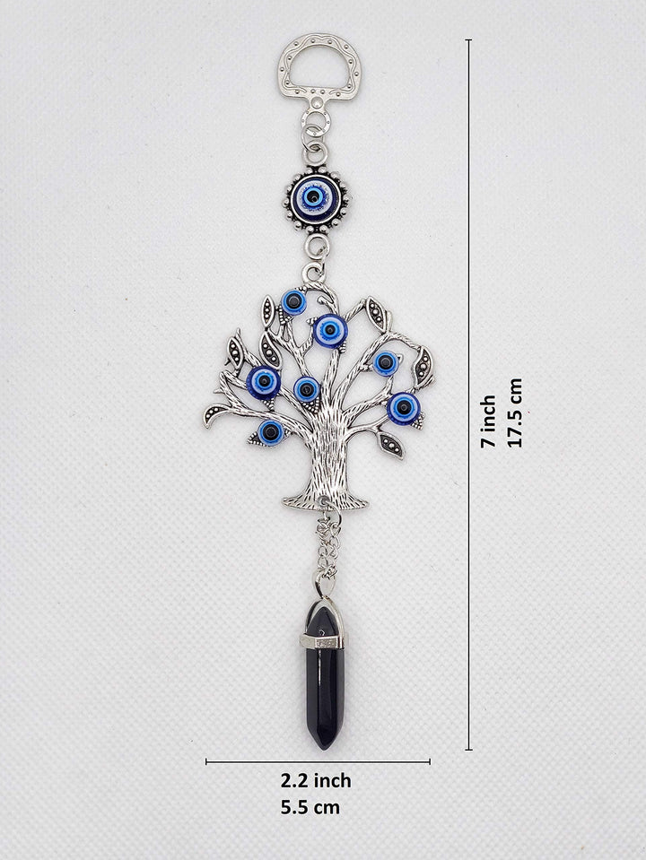 Silver Tree of Life Amulet w/Blue Evil Eye &amp; Crystal Gemstone - Charm for Growth, Strength, Protection, Home Hanging Decor, Car Rear View Mirror Accessories, 2.2x7, Black Stone