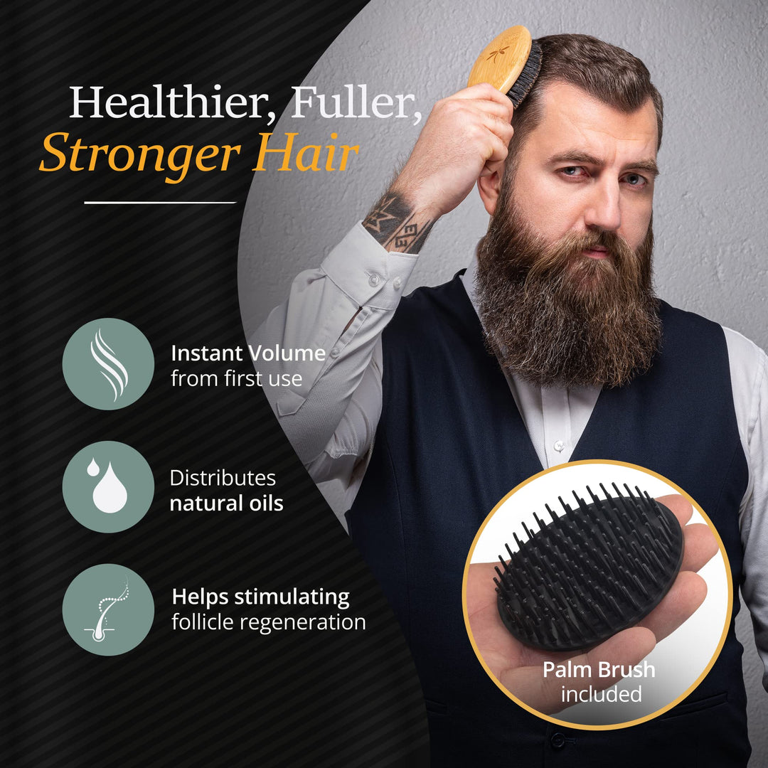 Soft Bristle Brush Set for Men - Hairbrush for Thin, Normal and Short Hair, Wooden Comb, 2 Palm Brushes &amp; Travel Bag Included