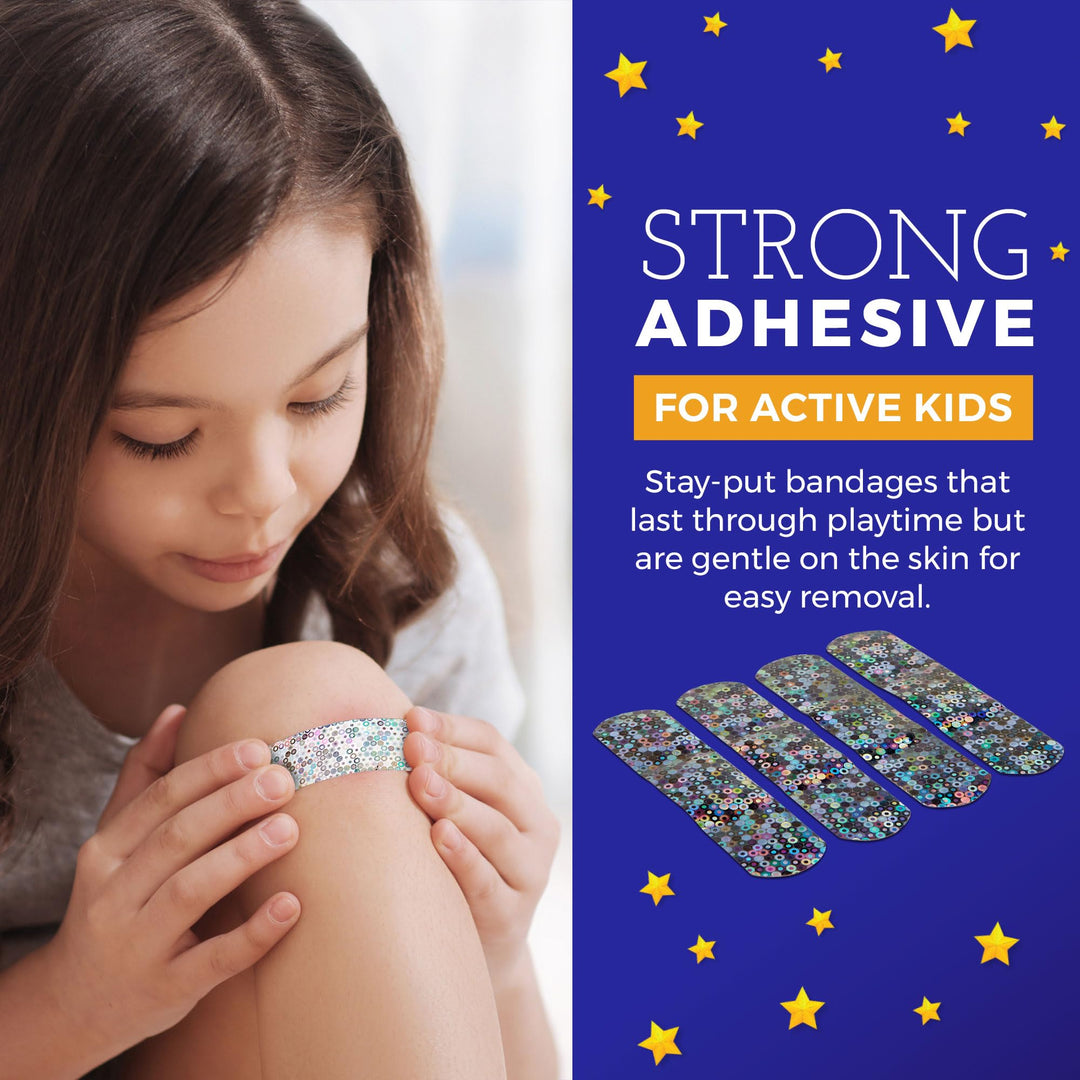 Glitter Bandages for Kids -(100 Count Box) Adhesive Bandage Strips w/Colorful Glitter Design &amp; Latex-Free Individually Wrapped Strips for First Aid, Wound Care, Minor Cuts, Scrapes