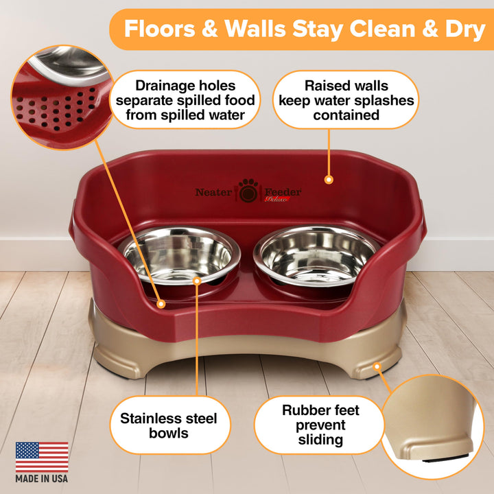 Neater Feeder Deluxe Mess Proof Dog Bowls Elevated for Small Breed – Made in USA – No Spill Raised Dog Food Bowl Stand – Stainless Steel Food and Water Bowl Set, Pet Feeding Station, Cranberry