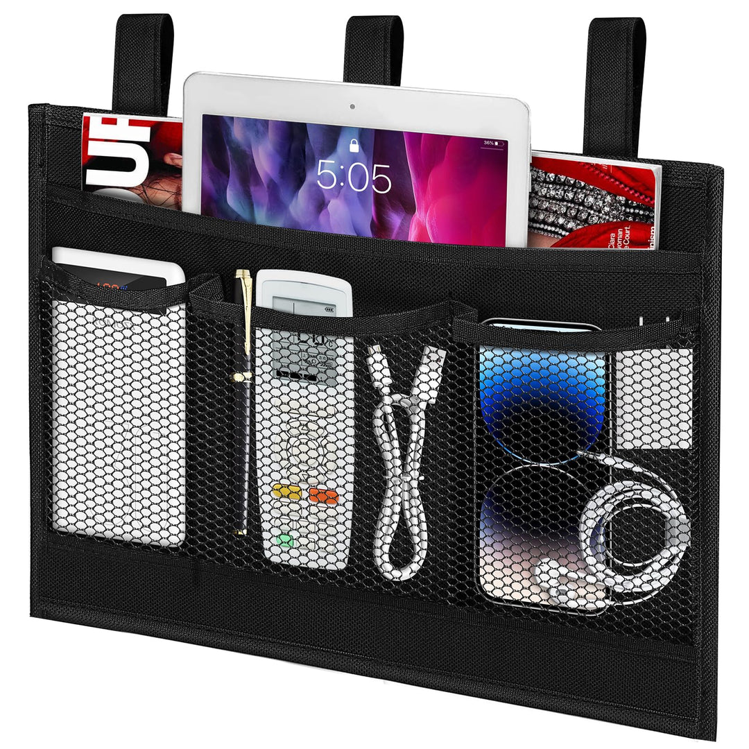 Bedside Caddy Storage Organizer, Hanging Storage Bag Pocket for Bunk/Hospital Beds,College Dorm Organizer for Remotes Phone,College Dorm,Camp,Baby Bed Rails(4 Pockets),Black