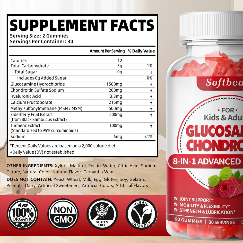 Glucosamine Chondroitin Gummies Sugar Free, Extra Strength Glucosamine Chondroitin Supplement for Natural Joint Support, Raspberry Flavored 60 Count