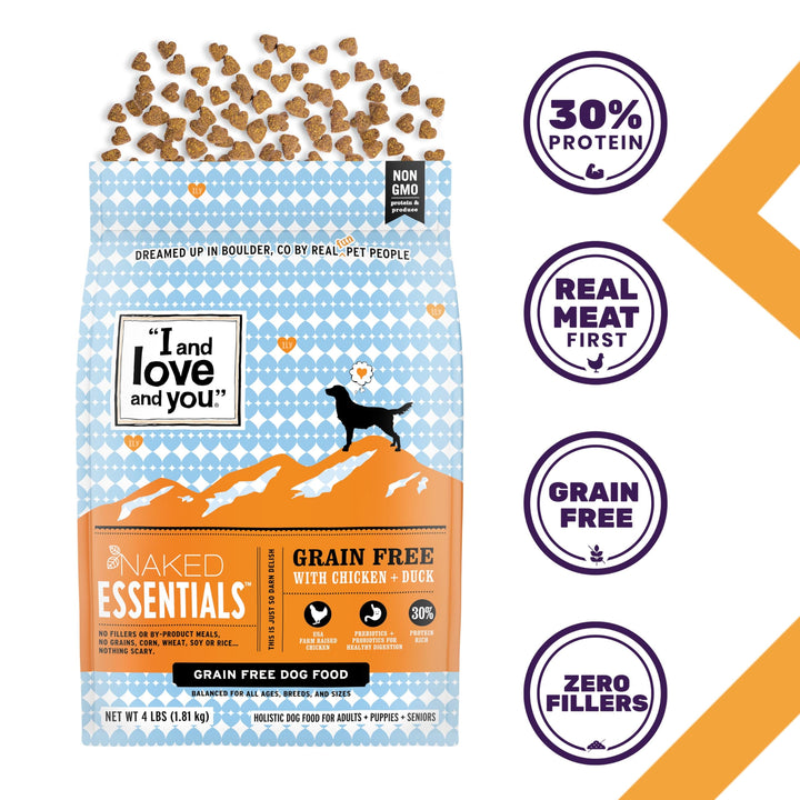 I and love and you Naked Essentials Dry Dog Food - Chicken + Duck - High Protein, Real Meat, No Fillers, Prebiotics + Probiotics, 11lb Bag