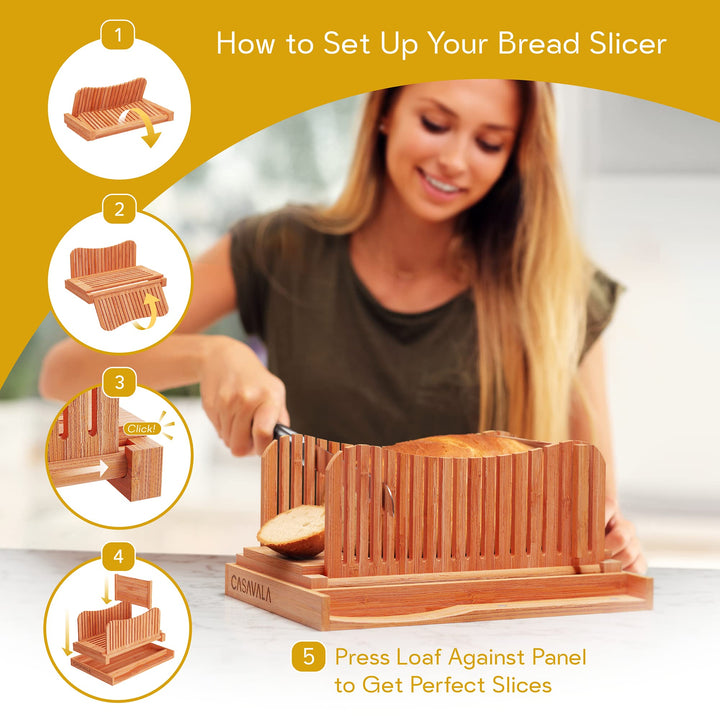 Bamboo Bread Slicer For Homemade Bread - Bread Loaf Slicing Machine With Crumbs Tray, Foldable Bread Cutter, Adjustable Slice Sizes, Bread Cutting Guide With Sharp Bread Knife &amp; Storage Bag