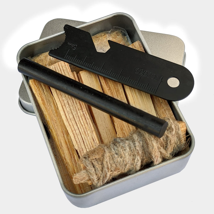 Fatwood 100% Natural Firestarter Sticks Hand Cut in The USA Ferro Rod Ferrocerium Flint Jute Fatwood Chips Striker Tin Container Survival Emergencies Camping Since 1989