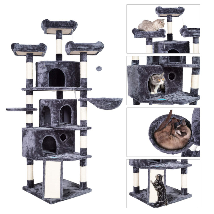 XL Cat Tree, 73.4 inch Cat Tower with 3 Caves, 3 Cozy Perches, Scratching Posts, Board, Activity Center Stable for Kitten/Big Cat, Gray MPJ032G