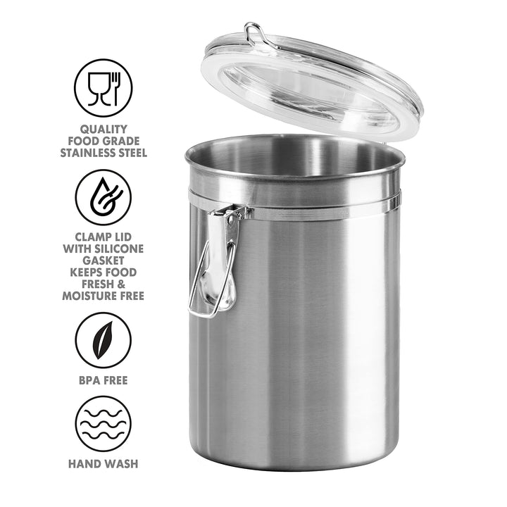 Stainless Steel Kitchen Canister 62 fl oz - Airtight Clamp Lid, Clear See-Thru Top - Ideal for Kitchen Storage, Food Storage, Pantry Storage. Large Size 5 x 7.5.