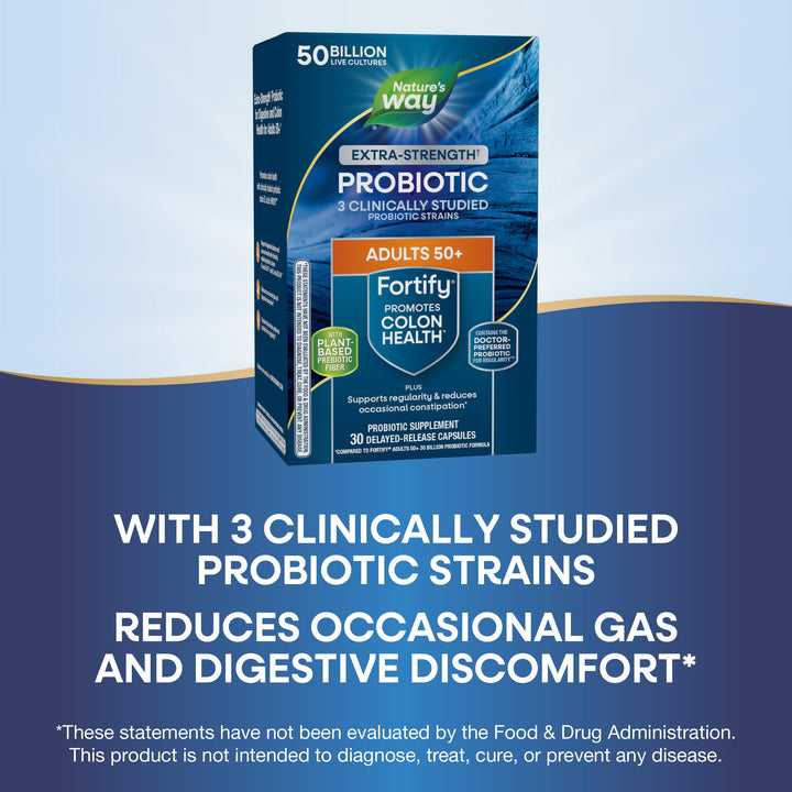 Nature’s Way Fortify Extra Strength† Probiotic Age 50+, 50 Billion Live Cultures, 11 Strains, Prebiotics, Digestive Health*, Immune Support*, Colon Health*, 30 Capsules (Packaging May Vary)