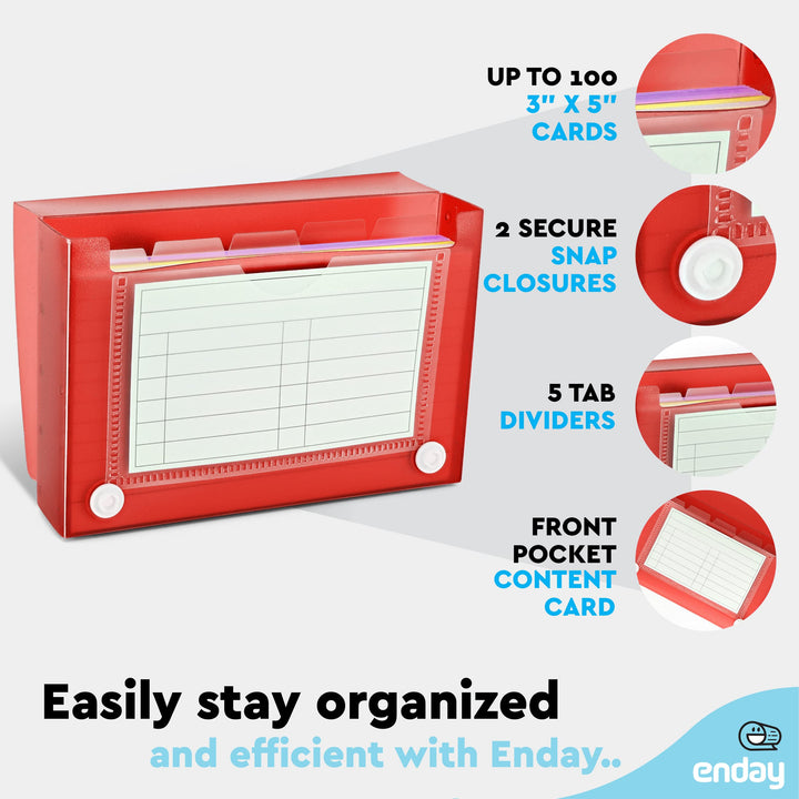 Index Card Holder Red, 3x5 Note Flash Card Organizer Case, File Box with 5 Dividers, Notecard Box Holds 100 Cards, Also Available in Blue, Purple, Green, Pink, Grey, 1 Pack – By