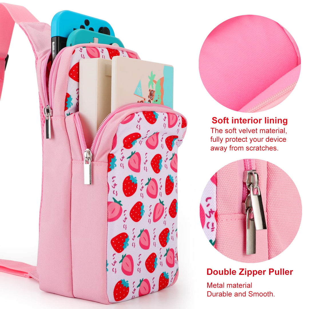 Cute Travel Bag for Nintendo Switch/ Lite / OLED, Portable Small Pink Strawberry Shoulder Carrying Storage Backpack for NS Consolo, Charging Dock, Joy-Cons, Accessories for Women Grils