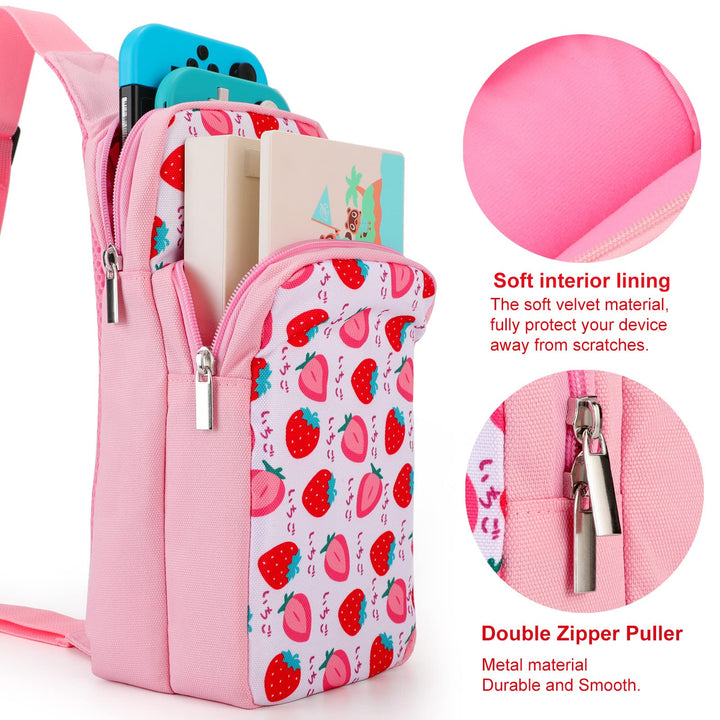 Cute Travel Bag for Nintendo Switch/ Lite / OLED, Portable Small Pink Strawberry Shoulder Carrying Storage Backpack for NS Consolo, Charging Dock, Joy-Cons, Accessories for Women Grils