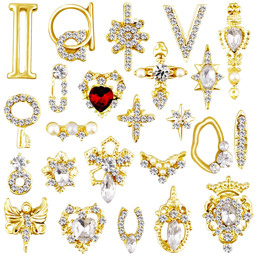 24x 3D Bling Rhinestones Nail Trims Studs Luxury Art Beauty Design Decoration, Gold Metal with Diamonds Gem Stones Various Styles Charms Manicure Nails Jewelry Making DIY Crafts Women Girls Xmas
