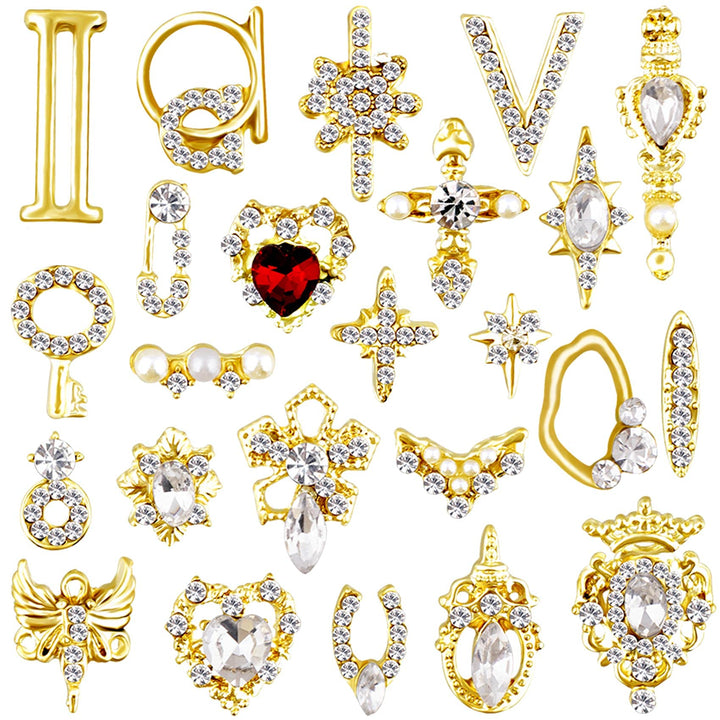 24x 3D Bling Rhinestones Nail Trims Studs Luxury Art Beauty Design Decoration, Gold Metal with Diamonds Gem Stones Various Styles Charms Manicure Nails Jewelry Making DIY Crafts Women Girls Xmas