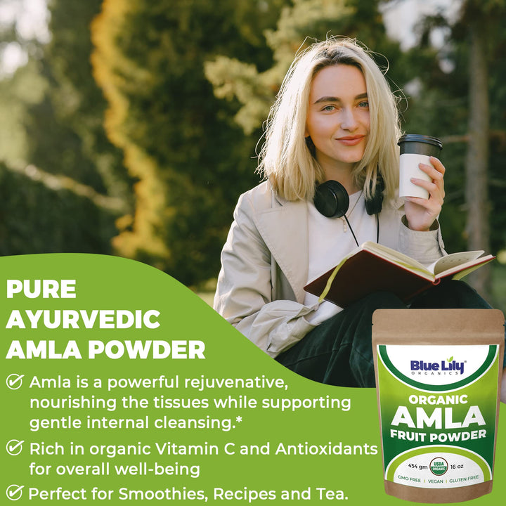 Blue Lily USDA Organic Amla Powder (Amalaki/Indian Gooseberry) 16oz (1lb) Resealable Kraft Bag, 100% Pure Amla Berry Powder, Rich in Antioxidant Vitamin C, Supports Healthy Immune System