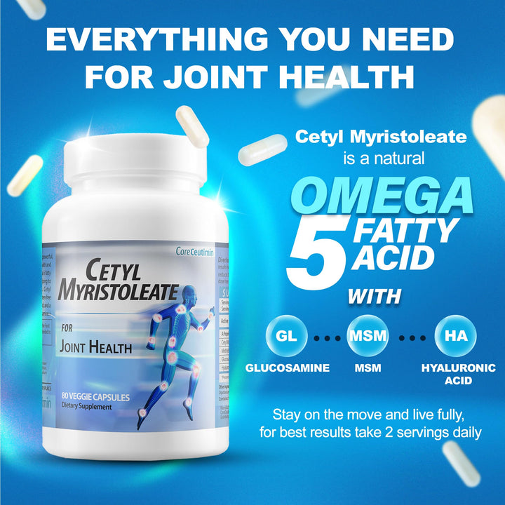 CoreCeutimin Cetyl Myristoleate - Omega 5 Fatty Acid - Ultra Support for Relief from Joint Discomfort and Stiffness - Also Includes Glucosamine, MSM & Hyaluronic Acid - 80 Capsules