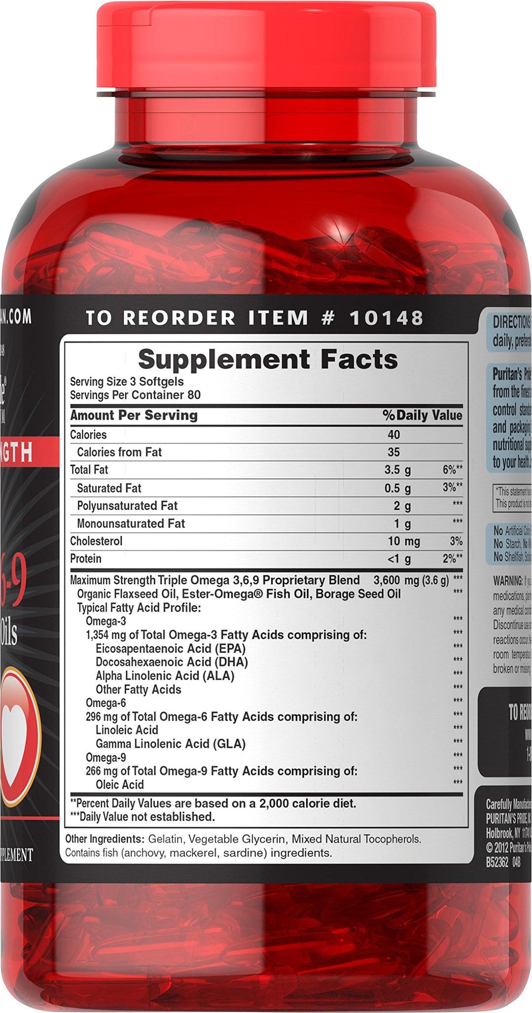 Puritan&#39;s Pride Triple Omega 3-6-9 Fish, Flax and Borage, supports healthy joints Yellow 240 Count (Pack of 1)