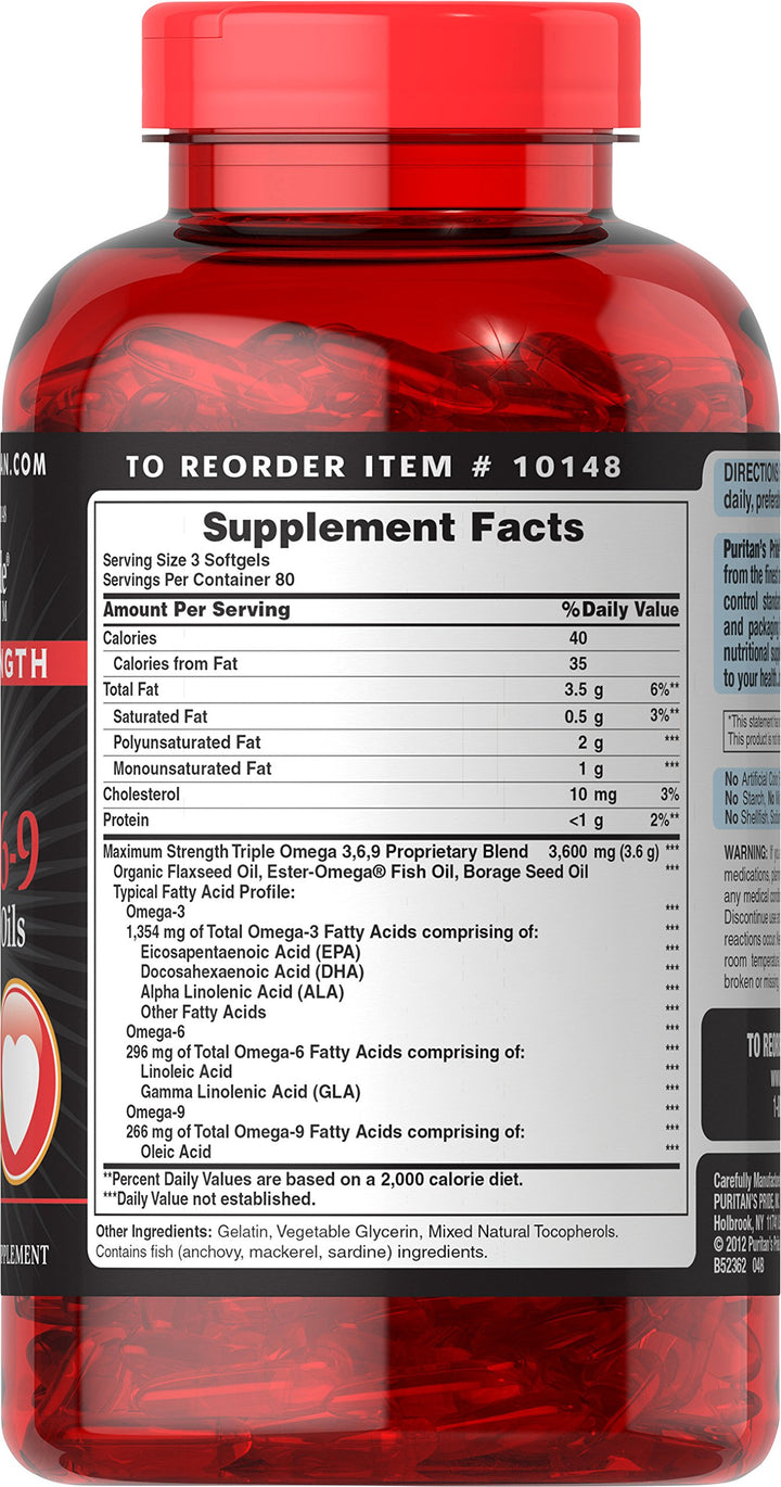 Puritan&#39;s Pride Triple Omega 3-6-9 Fish, Flax and Borage, supports healthy joints Yellow 240 Count (Pack of 1)