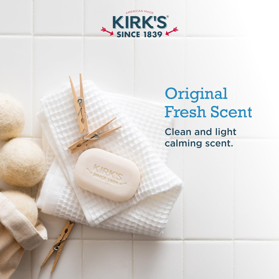 Kirk&#39;s Castile Bar Soap Clean Soap for Men, Women &amp; Children| Premium Coconut Oil | Sensitive Skin Formula, Vegan | Original Fresh Scent | 4 oz. Bars - 3 Pack