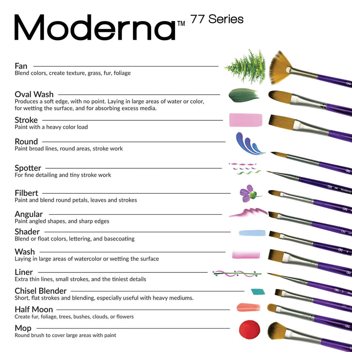 Royal &amp; Langnickel Moderna, 5pc Oval Mop Variety Brush Set for All Painting Mediums, Includes - Mop, Fan &amp; Half Moon Brushes Purple