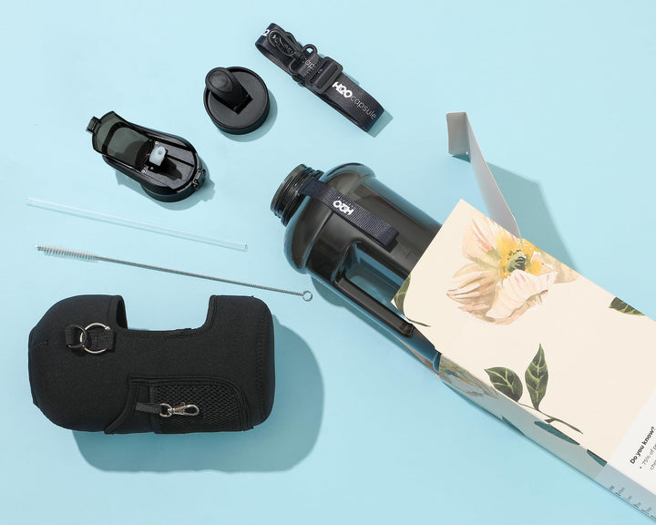 2.2L Half Gallon Water Bottle with Storage Sleeve and Removable Straw – BPA Free Large Reusable Drink Container with Handle - Big Sports Jug, 2.2 Liter (74 Ounce), Jet Black