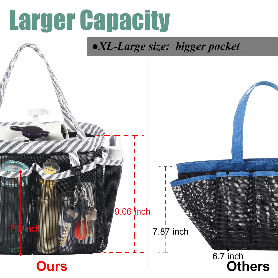Mesh Shower Caddy Tote with Waterproof Inner Bag, Extra Large Black Portable Shower Caddy for College Dorm Bathroom Camp, 8 Basket Pocket