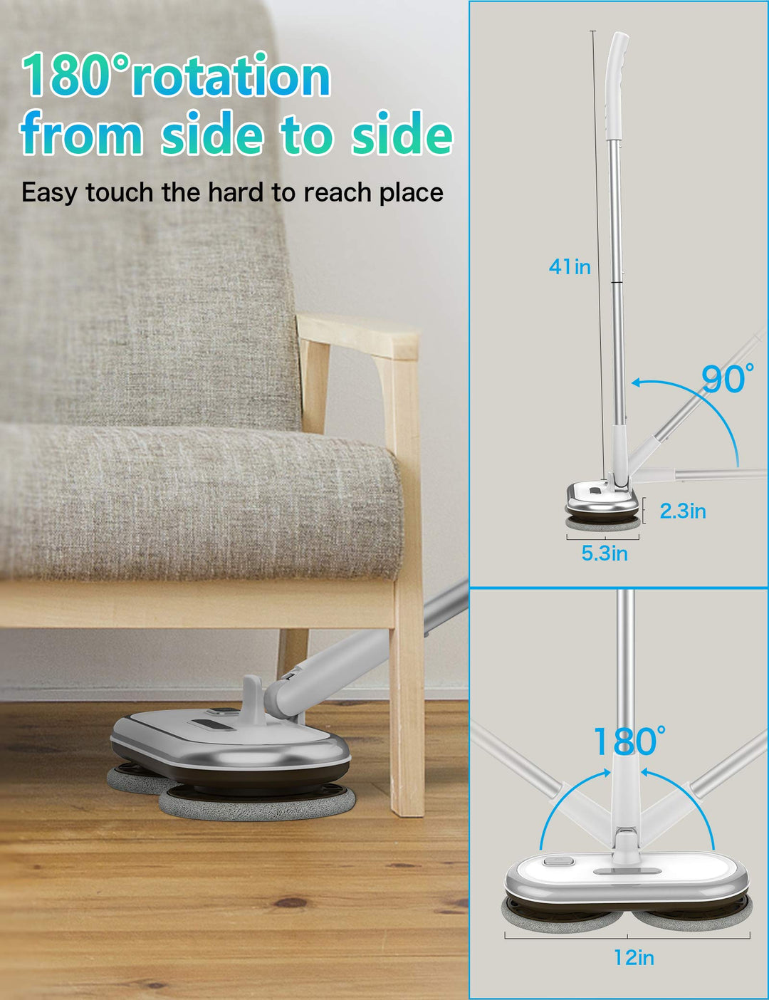 GOBOT Electric Mop with Motorized Dual Spinning Mopheads, Lightweight & Rechargeable,4 Microfiber Pads & 2 Floor Scrubber Pads, for Hardwood Floor/Bathroom/Tile Floor Cleaning, Sliver