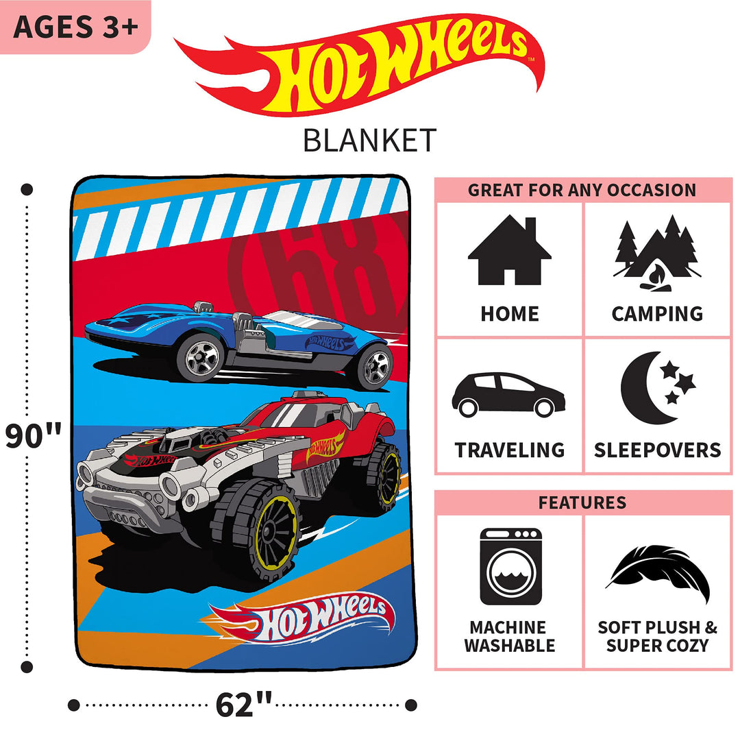 Kids Bedding Super Soft Plush Micro Raschel Blanket, 62 in x 90 in, Hot Wheels