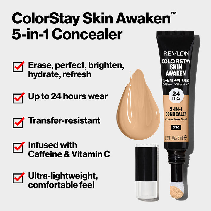 Revlon ColorStay Skin Awaken 5-in-1 Concealer, Lightweight, Creamy Longlasting Face Makeup with Caffeine &amp; Vitamin C, For Imperfections, Dark Circles &amp; Redness, 040 Medium, 0.27 fl oz