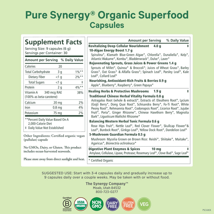 Superfood Capsules | Organic Superfood &amp; Greens Supplement | Whole Foods Like Super Greens, Spirulina, &amp; Mushrooms | for Energy, Healthy Aging &amp; Immune Health (270 Capsules)