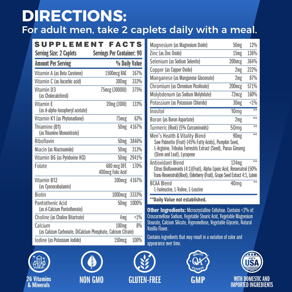 Ultra 360 Multivitamin for Men, Men's Multivitamin with Herbs & Antioxidants for Energy & Performance, Supplement with Vitamin A, C, D, E, B12 & Zinc for Immune Support, 180 Caplets
