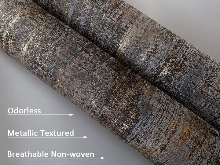 Distressed Wallpaper Industrial Metallic Wall Paper Non-Woven, 20.80&#39;&#39; X 393.00&#39;&#39;, Charcoal &amp; Gold