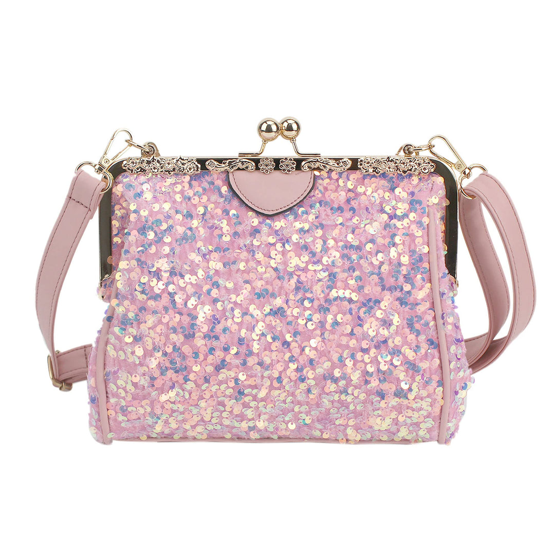 Women Small Glitter Sequins Cross-body Bag with PU Leather Strap Top-Handle Bag Kiss Lock