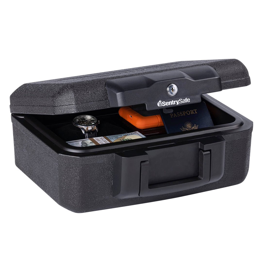 Fireproof Money Safe with Key Lock, Black Lock Box with Portable Carrying Handle for Travel, Exterior: 14.3 in. W x 11.2 in. D x 6.1 in H, 1200