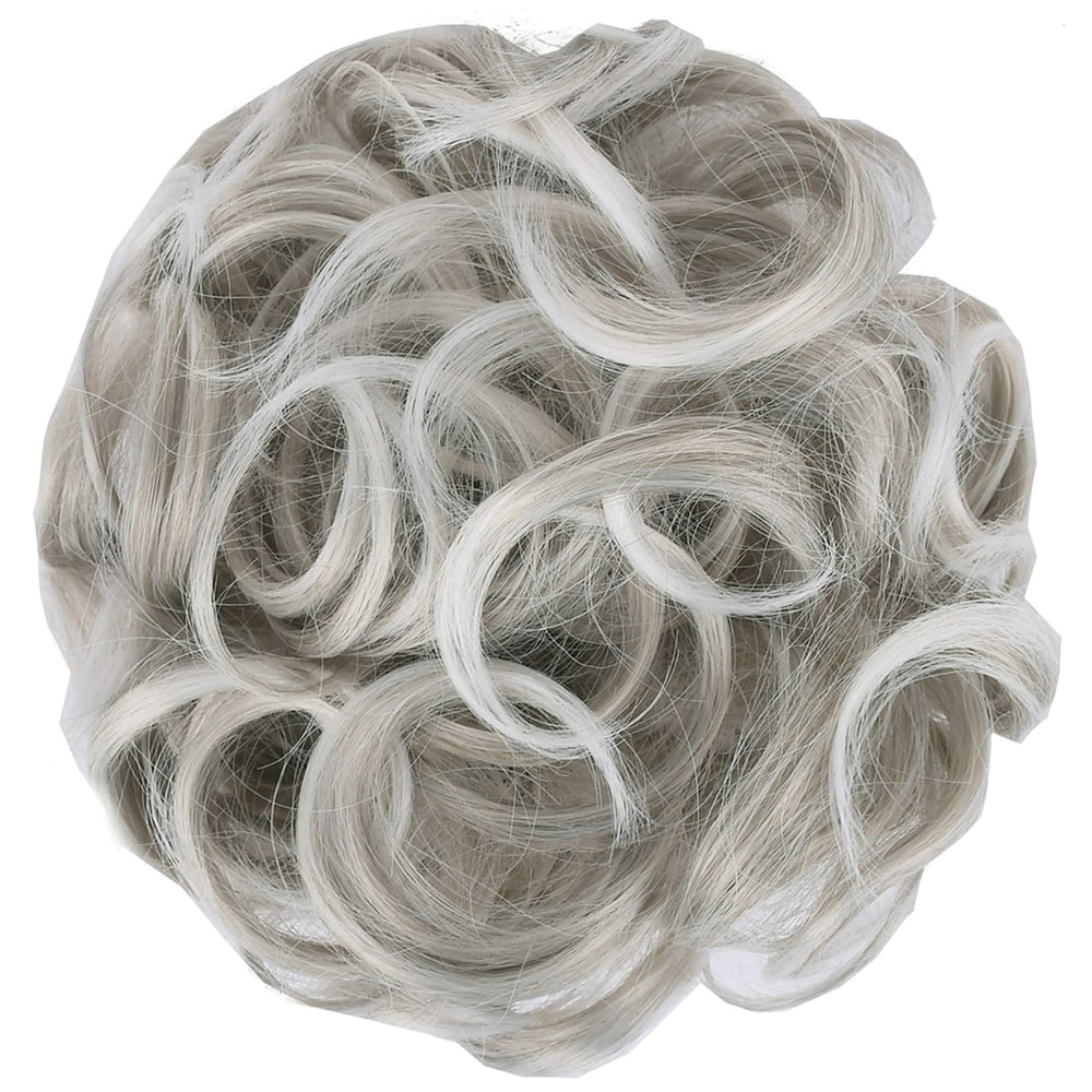 ELAINE Hair Buns Hair Piece Messy Tousled Wavy Curly Scrunchies Wrap Ponytail Extensions with Elastic Rubber Band Synthetic Donut Updo Hairpieces for Women Girls (Salt & Pepper)
