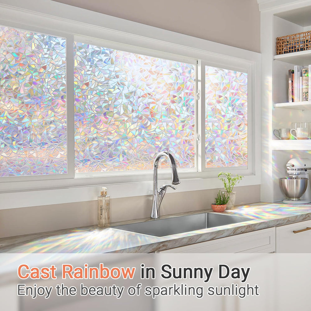 Window Privacy Film, Rainbow Window Film, 3D Decorative Stained Glass Window Cling, Static Cling Non-Adhesive Removable Window Covering, Sun UV Blocking Window Decal for Home 17.5 x 118.1 inches