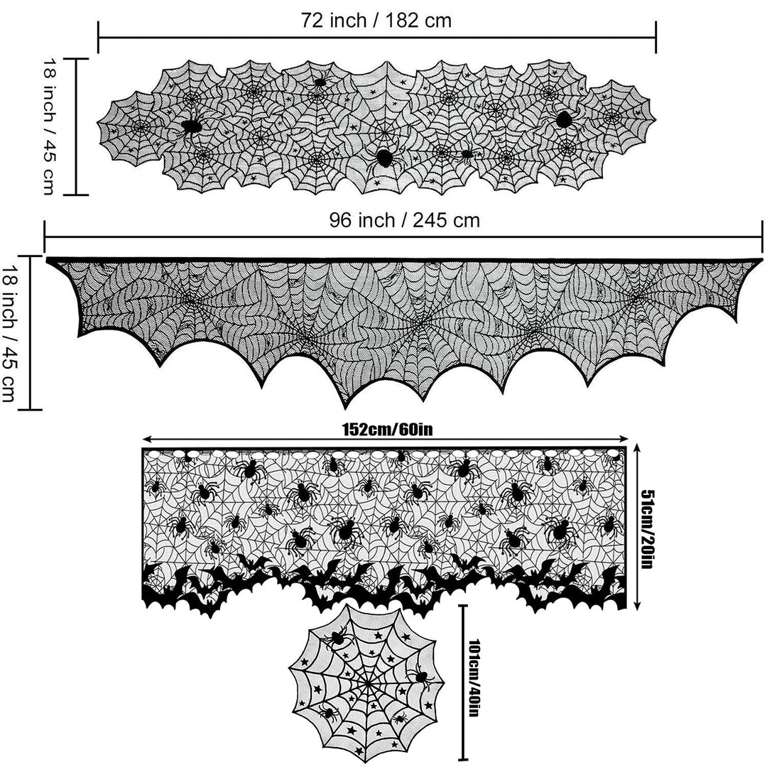5 Pack Halloween Decorations Set,Black Halloween Tablecloth Runner Lace Spiderweb Table Cover Fireplace Lampshade with 120pcs 3D Bats Wall Sticker