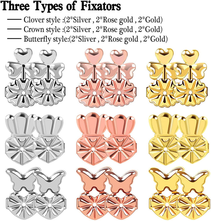 9 Pairs Earring Lifters, Earring Backs Lifter for Droopy Ears, Adjustable Hypoallergenic Earring Secure Backs for Heavy Earring(3 Silver + 3 Gold + 3 Rose Gold)