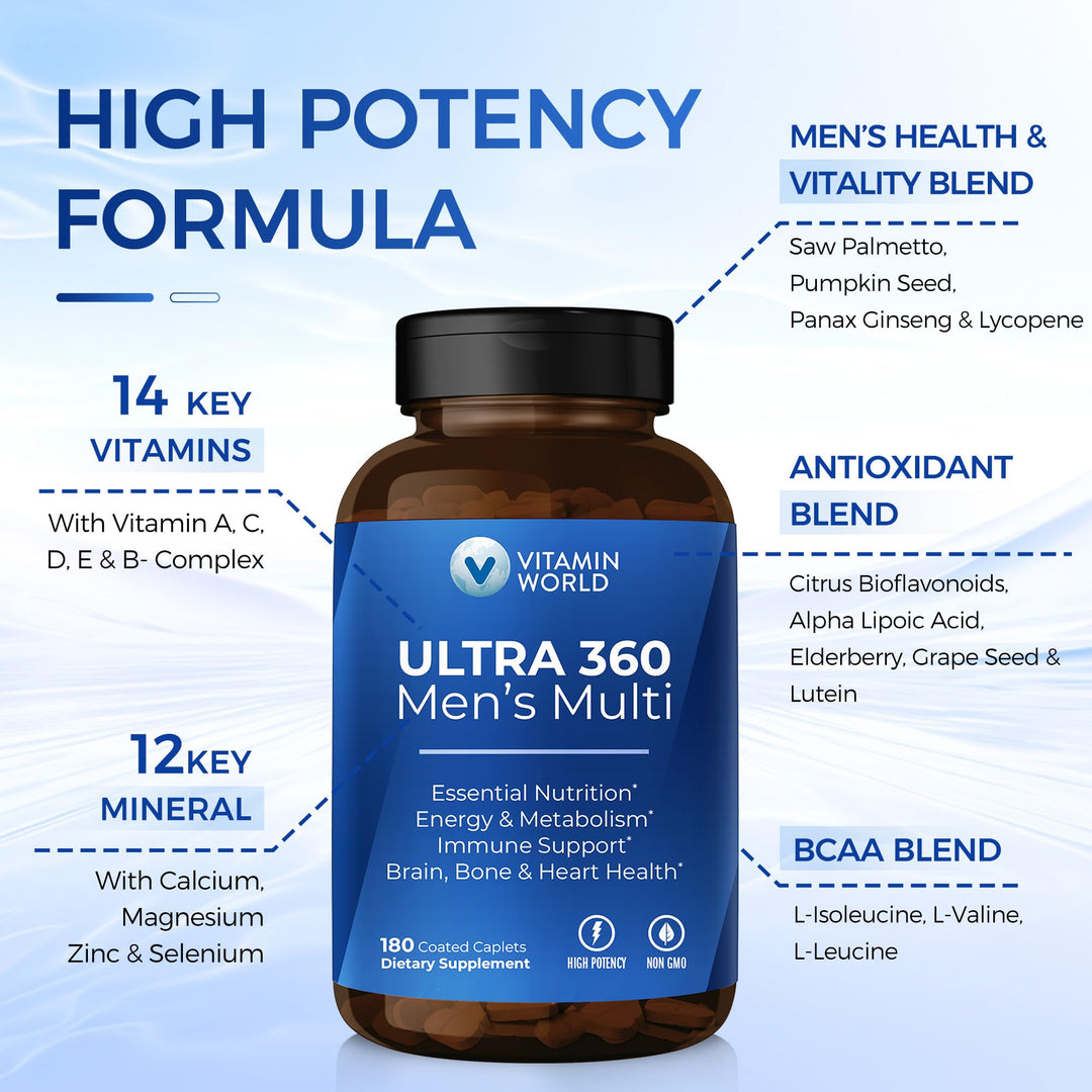 Ultra 360 Multivitamin for Men, Men&#39;s Multivitamin with Herbs &amp; Antioxidants for Energy &amp; Performance, Supplement with Vitamin A, C, D, E, B12 &amp; Zinc for Immune Support, 180 Caplets