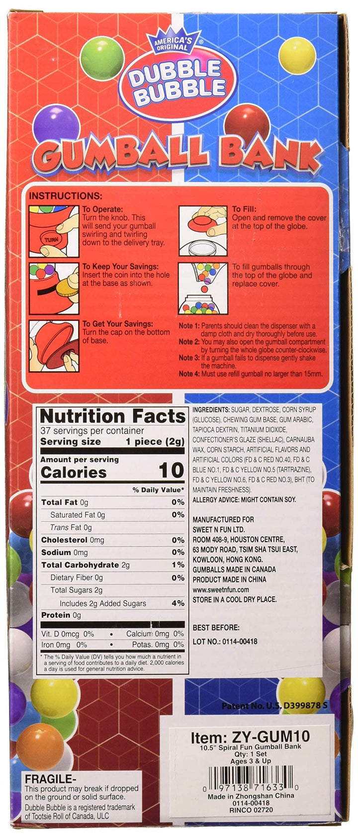 10.5 Inch Spiral Fun Gumball Bank | Colors May Vary | One Piece