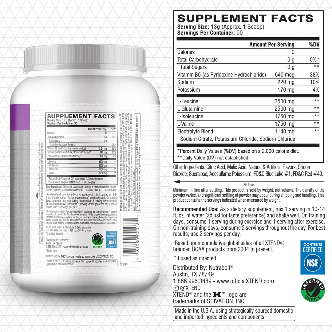 XTEND Original BCAA Powder 7g BCAA and 2.5g L-Glutamine, Sugar Free Post Workout Muscle Recovery Drink with Amino Acids for Men &amp; Women, 90 Servings