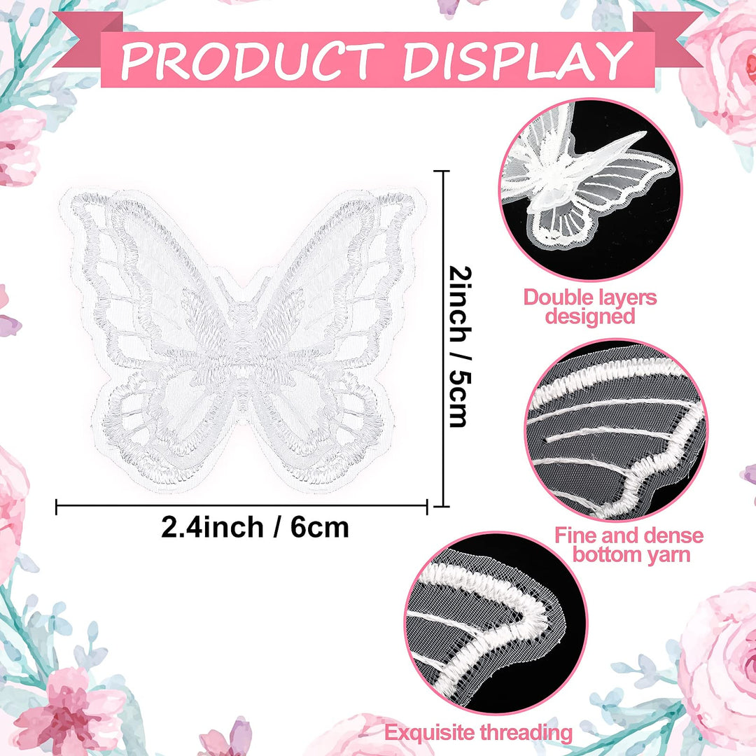 CHENGU 40 Pcs Butterfly Lace Trim Double Layers Organza Butterfly Fabric Embroidery Butterfly Patches Wedding Bridal Dress Embroidered Appliques for Sewing Craft DIY Clothes Hair Accessories Party