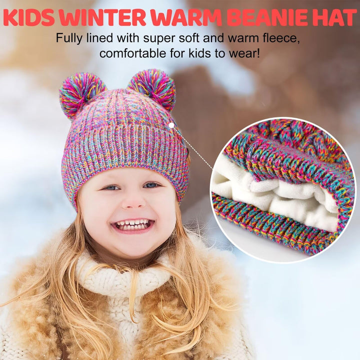 Winter Hat for Kids Toddler Children, Girls Beanie with Double Pom Pom Warm Thick Thermal Fleece Lined, Girls Accessories Cute Knit Beanies Cap for Cold Weather(Rainbow)