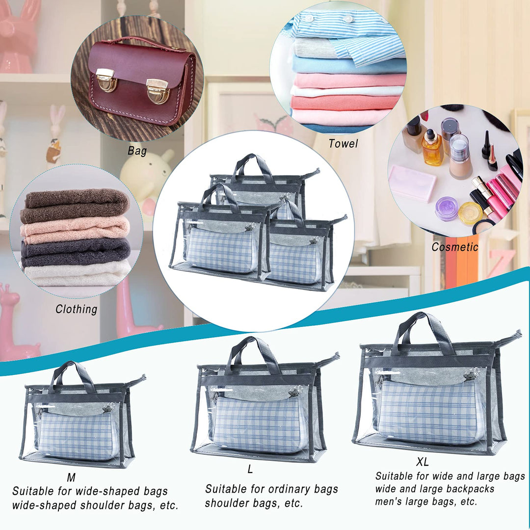 9Pcs Clear Handbag Storage Dust Cover Organizer Bags, Transparent Dustproof Purse Protector Storage Bag with Zipper Handles for Closet Shelf-3 Sizes (Grey)
