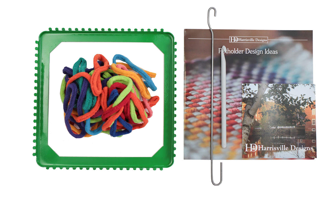 Friendly Loom 7 Potholder Kit Green Metal Loom and Bright Rainbow Color Cotton Loops, Makes 2 Potholders, MADE IN THE USA .