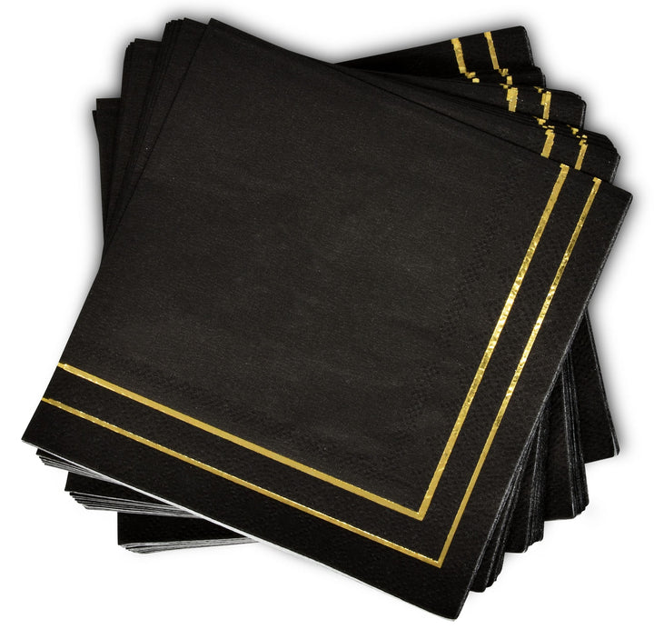 100 Gold and Black Cocktail Beverage Napkins 3 Ply Metallic Gold Foil Trim Stripe Disposable Paper Dessert Napkin for Wedding Holiday Baby Shower Graduation Party Supplies Decorations